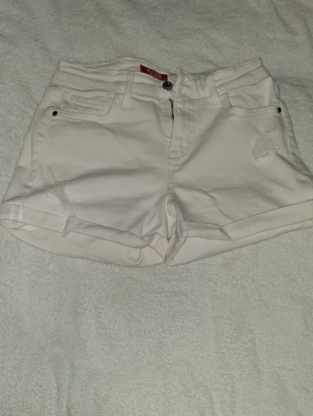 Guess Cream Distressed Rolled-Hem Denim Shorts